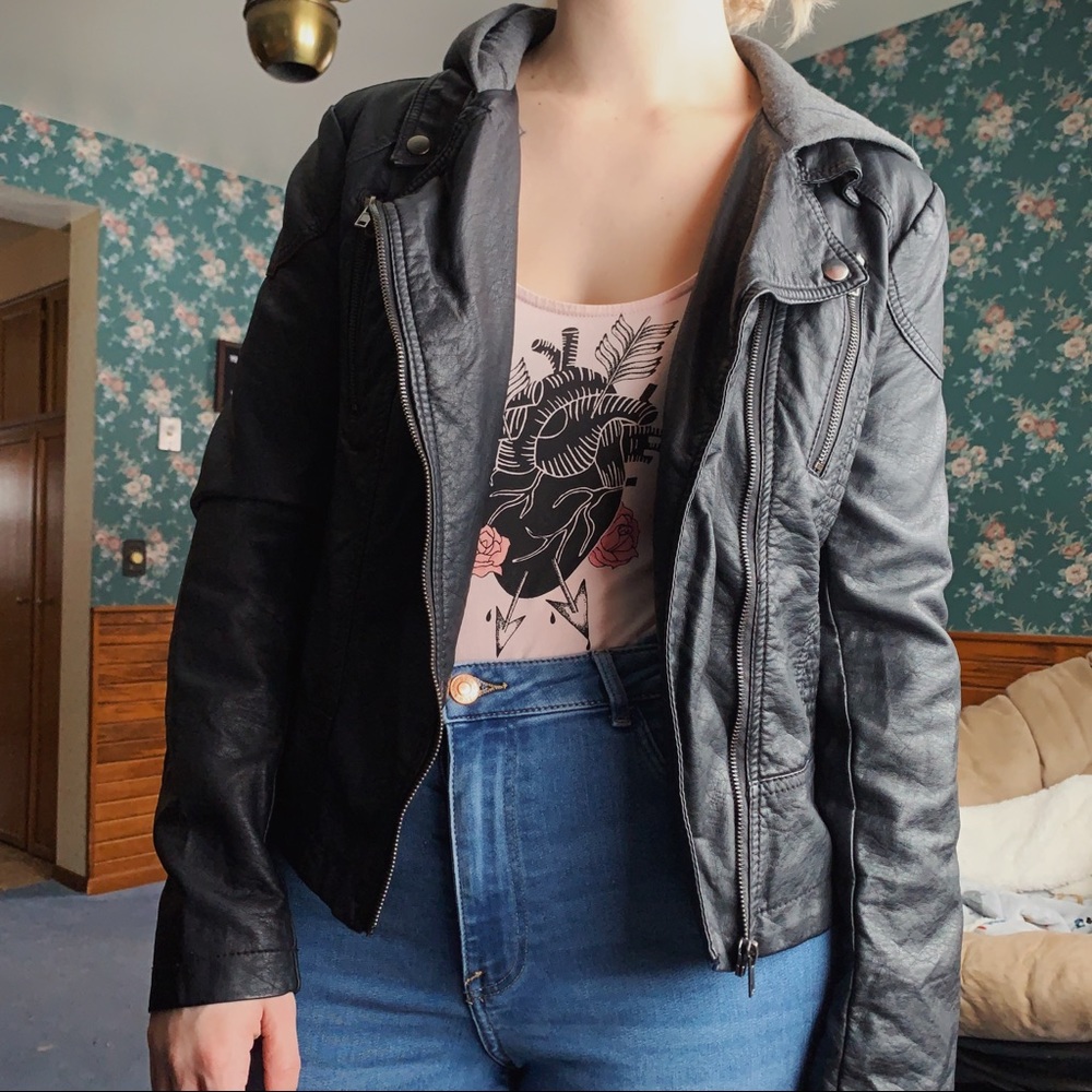 Faux Leather Moto Jacket w/ Gray Hood